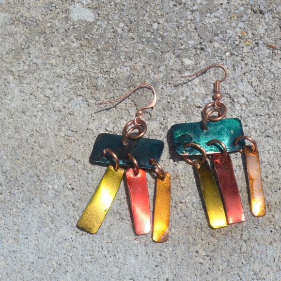 Modernist Hand Painted Colorful Solid Pure Copper Handmade Earrings Dangle Drop - Picture 5 of 5
